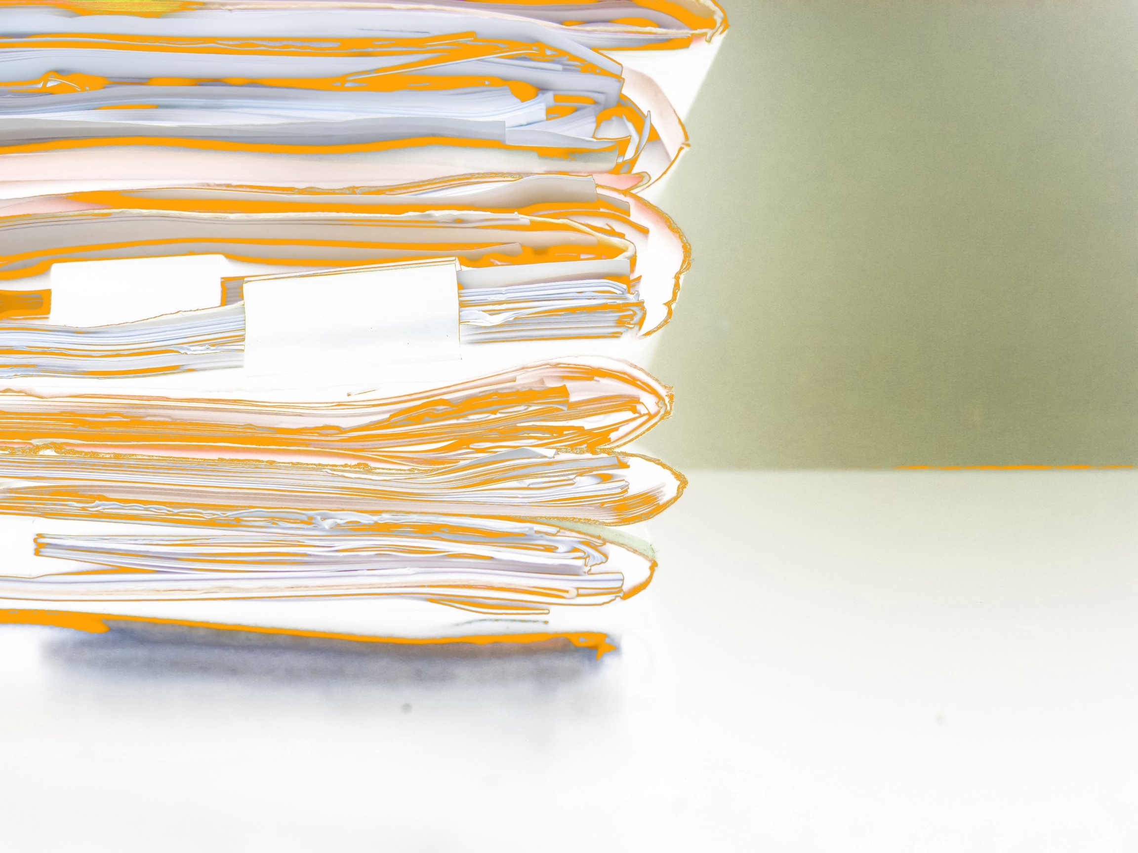 The same composition as Image 1, but with the brightness values inverted while maintaining the original hues, resulting in white papers appearing with bright orange edges and highlights.